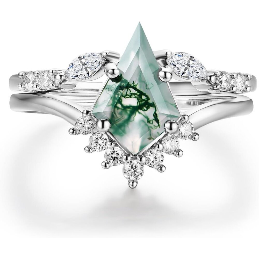 Natural Moss Agate Gemstone Genuine 925 Sterling Silver Ring for Women Kite Cut
